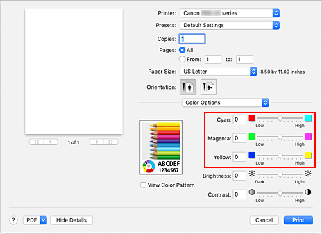 الشكل: توازن الألوان (Color balance) الخاص بخيارات الألوان (Color Options) في مربع الحوار طباعة (Print)